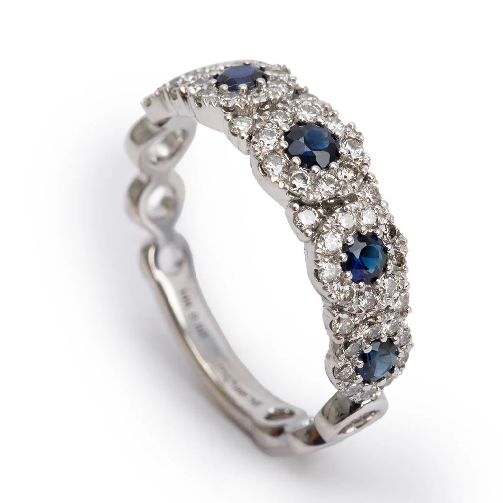 14k White Gold Sapphire and Diamond Band Ring, Size 7.25