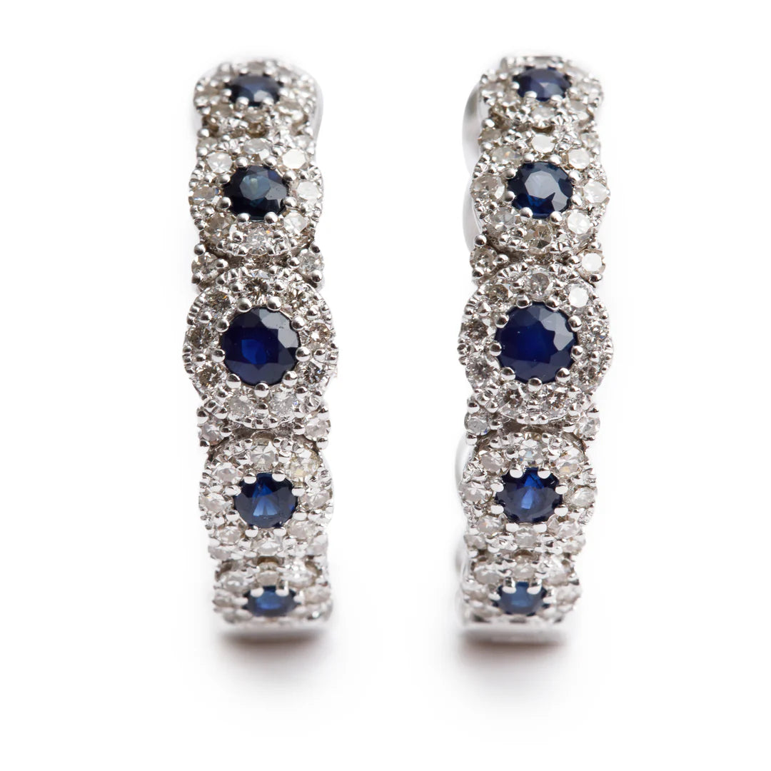 14k White Gold Blue Sapphire &amp; Diamond Hoop Earrings