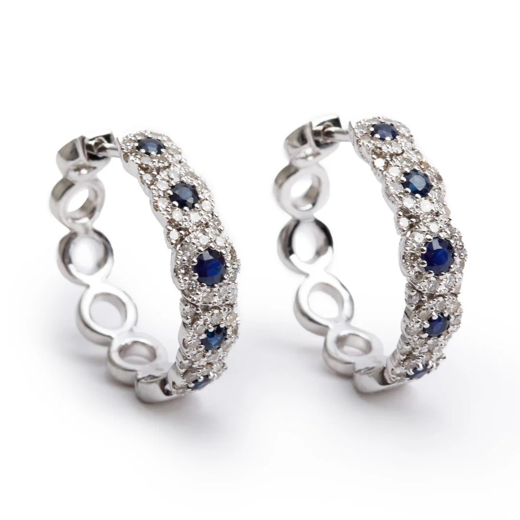 14k White Gold Blue Sapphire &amp; Diamond Hoop Earrings