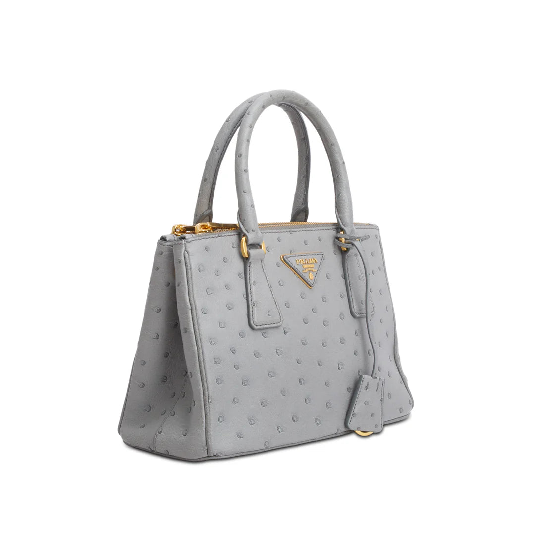 Grey Ostrich Leather Small Double Zip Galleria