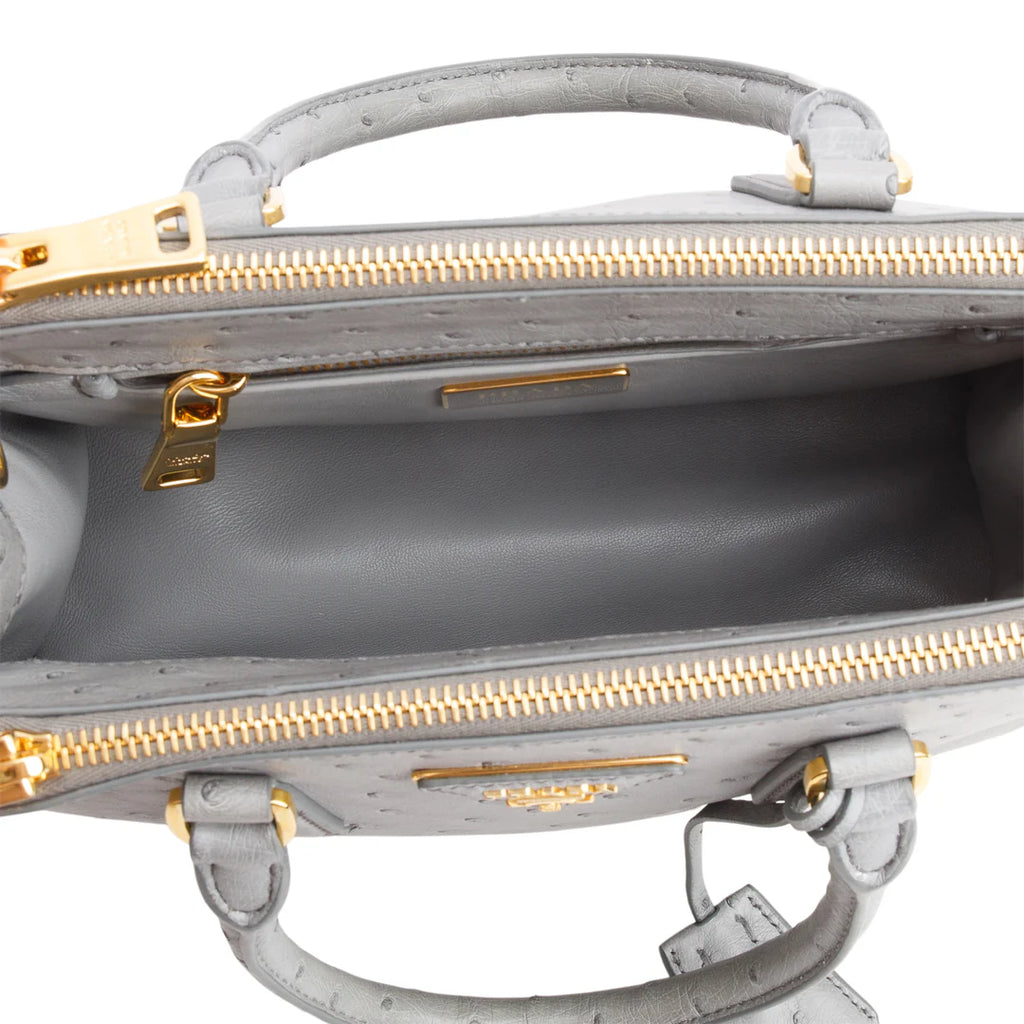 Grey Ostrich Leather Small Double Zip Galleria