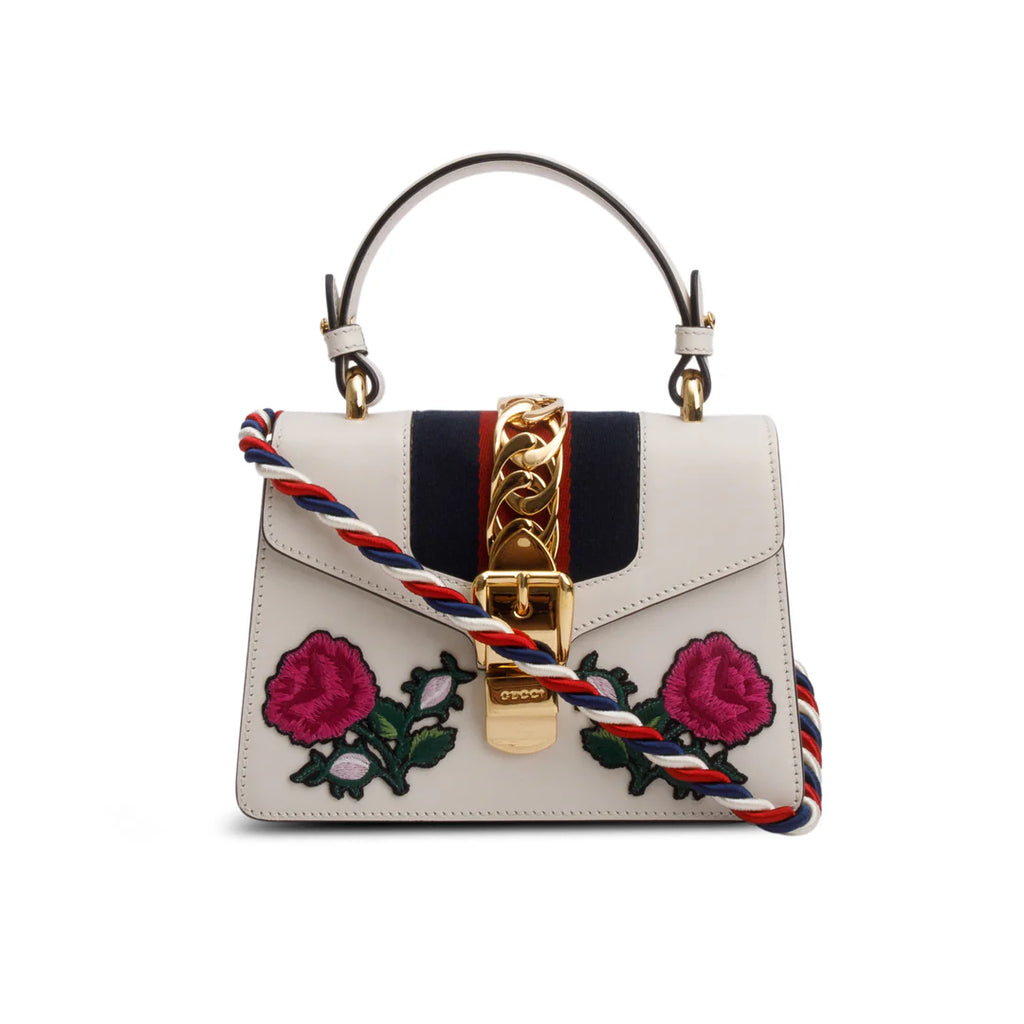 White Calfskin Embroidered Mini Sylvie Top Handle Bag w/ Strap