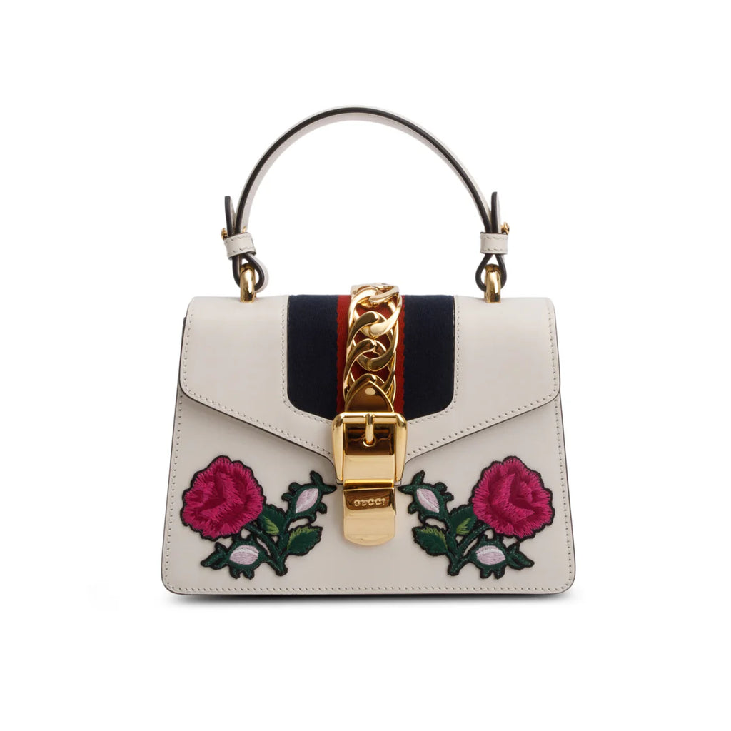 White Calfskin Embroidered Mini Sylvie Top Handle Bag w/ Strap