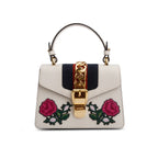 White Calfskin Embroidered Mini Sylvie Top Handle Bag w/ Strap