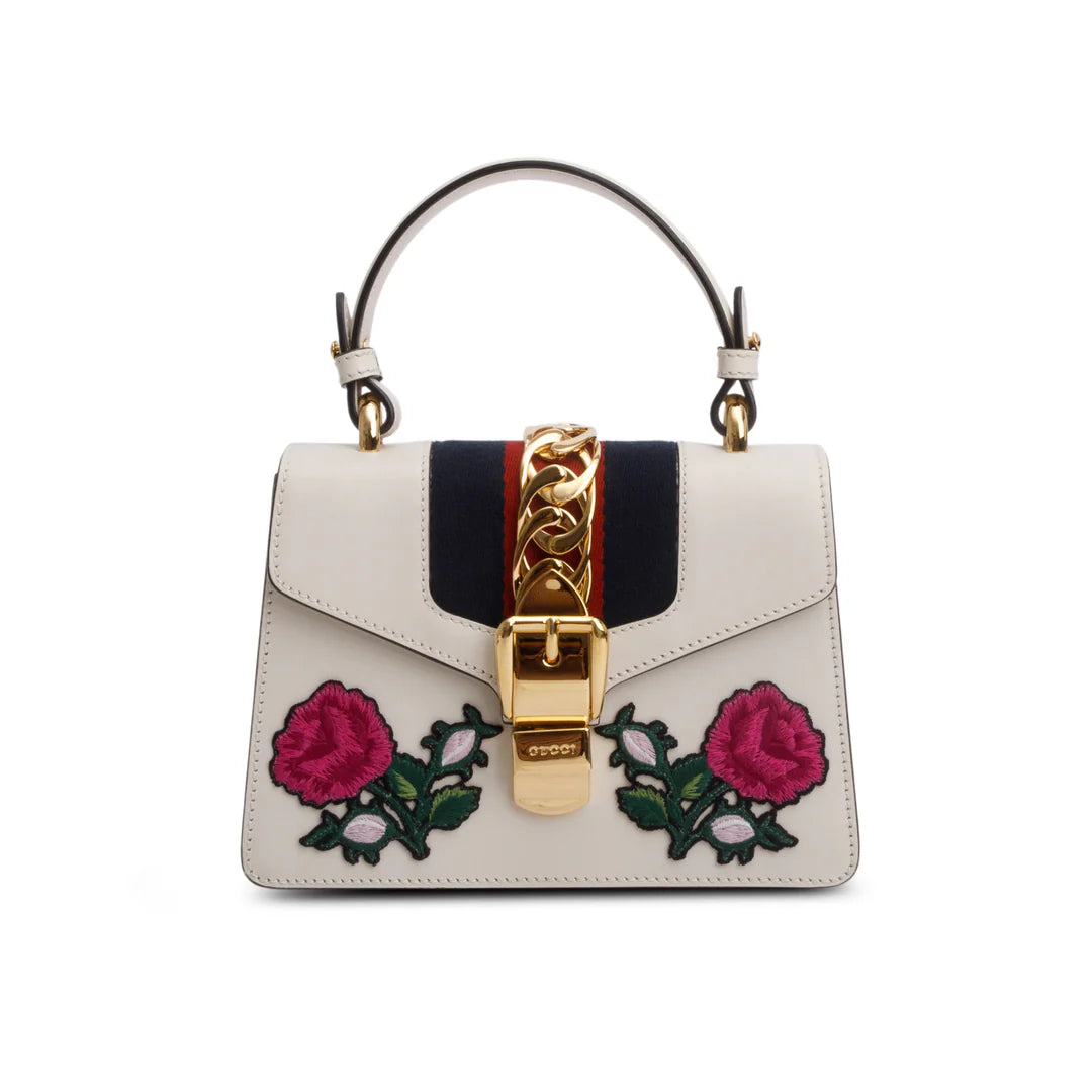 White Calfskin Embroidered Mini Sylvie Top Handle Bag w/ Strap