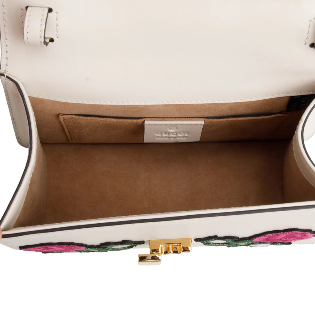 White Calfskin Embroidered Mini Sylvie Top Handle Bag w/ Strap