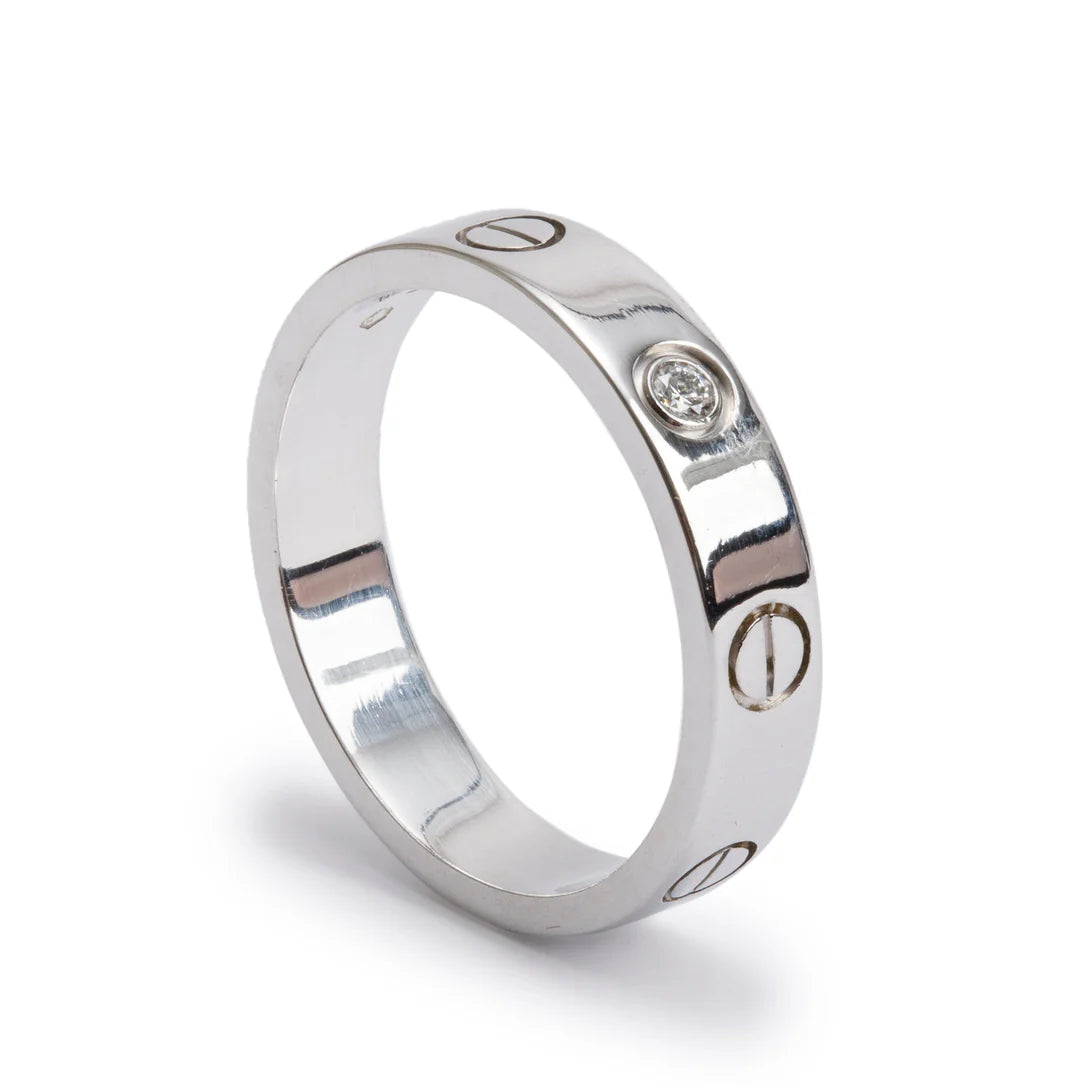 18k White Gold 1 Diamond 4 MM Love Wedding Band Ring, Size 51 5.75 w/ Certificate