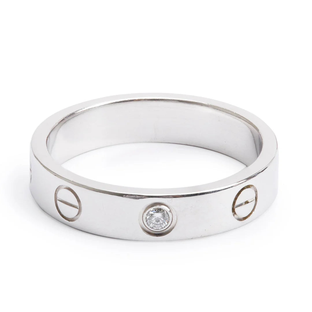 18k White Gold 1 Diamond 4 MM Love Wedding Band Ring, Size 51 5.75 w/ Certificate