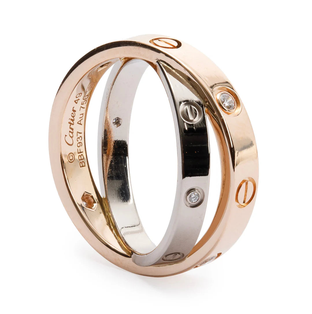 18k White Gold and Rose Gold Interlocking Love Ring with 6 Diamonds w/ Box