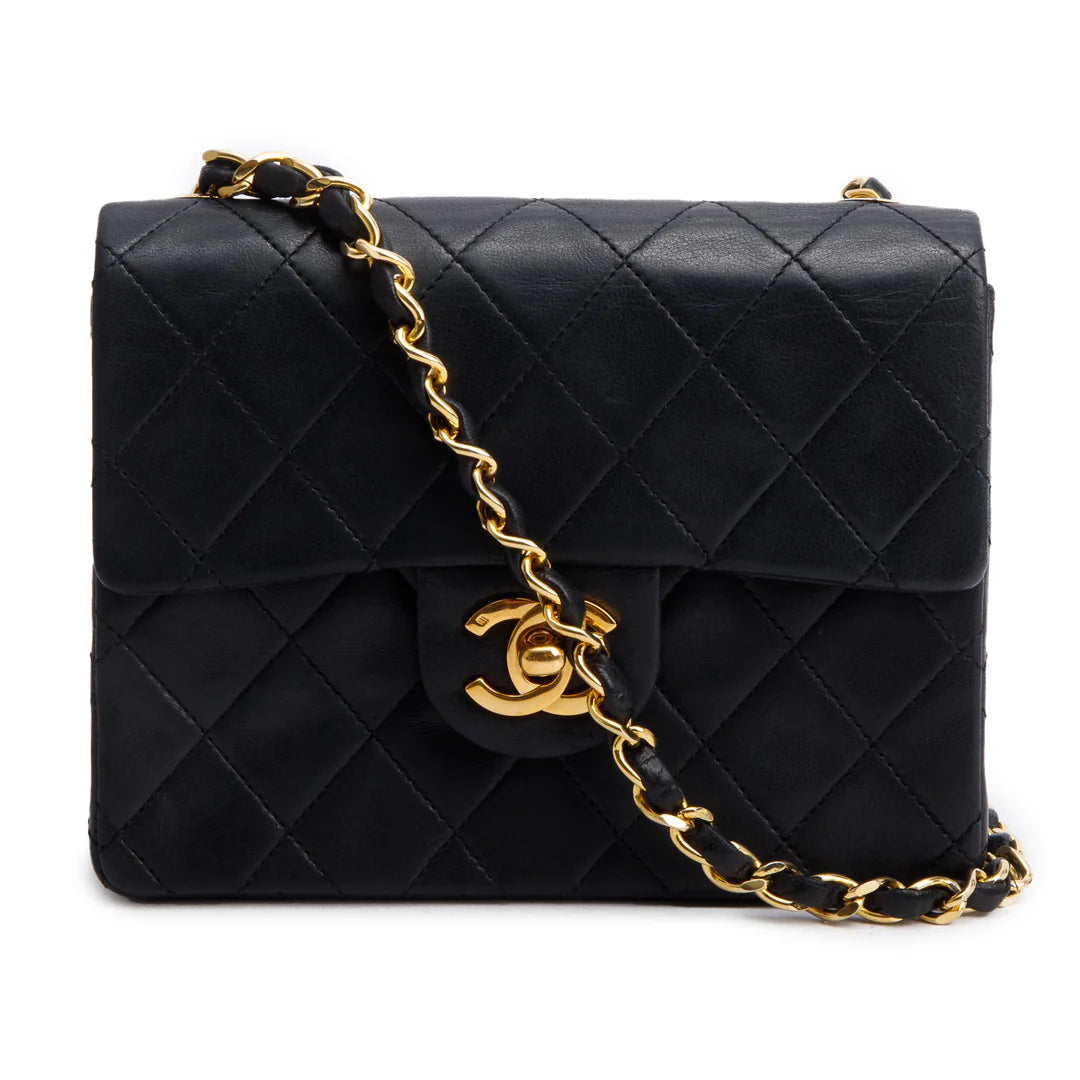 Vintage Black Lambskin Classic Mini Square Flap w/ Authenticity Card