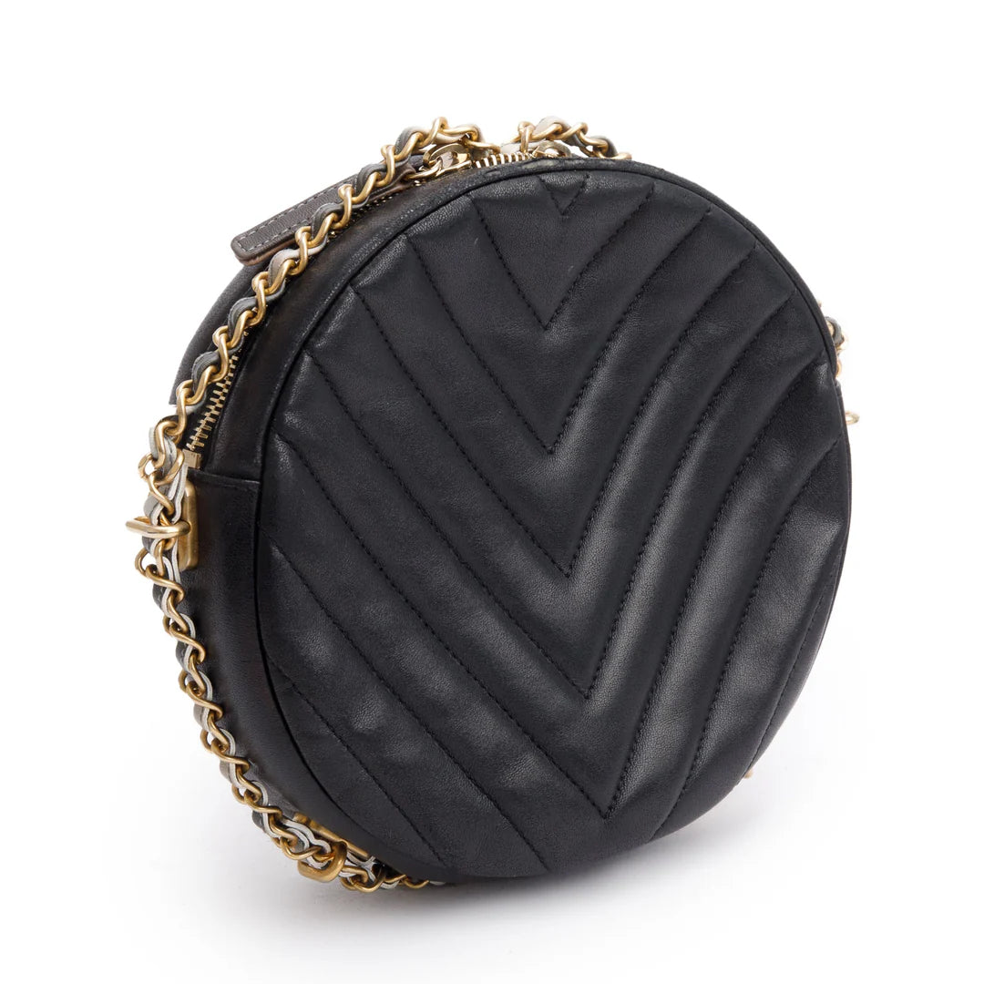 Black Chevron Leather Round as Earth Crossbody Bag
