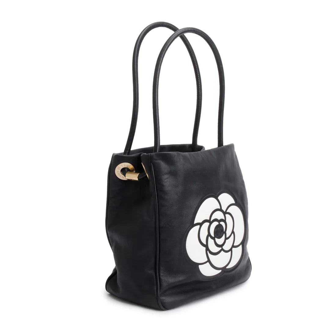 Black Lambskin Leather Camellia Logo Tote Bag
