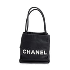 Black Lambskin Leather Camellia Logo Tote Bag