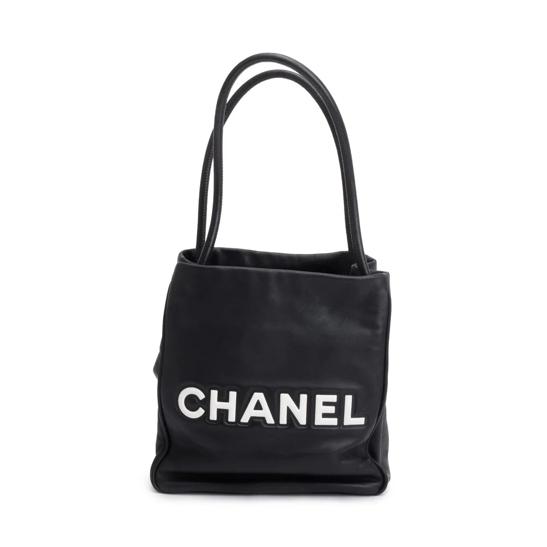 Black Lambskin Leather Camellia Logo Tote Bag