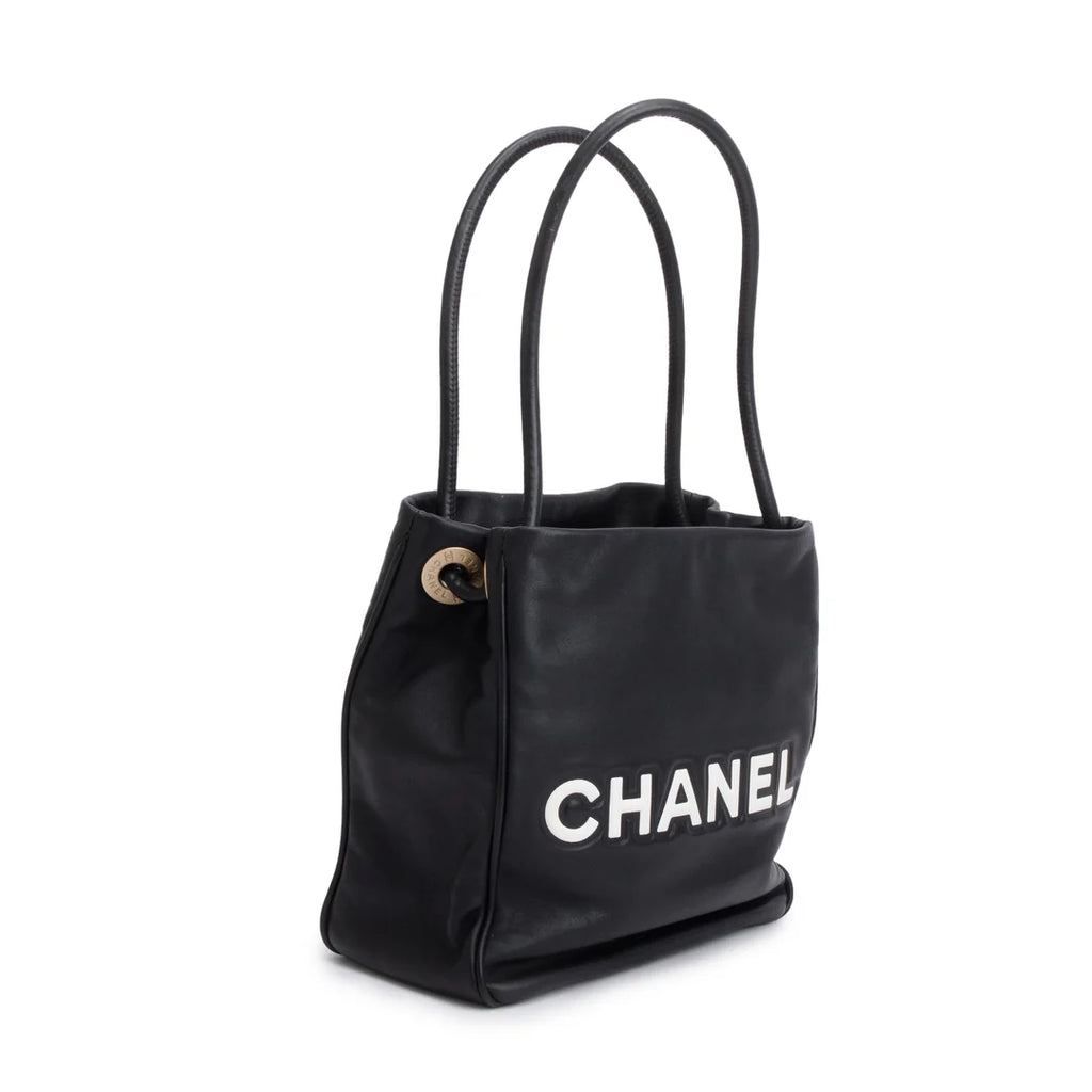Black Lambskin Leather Camellia Logo Tote Bag