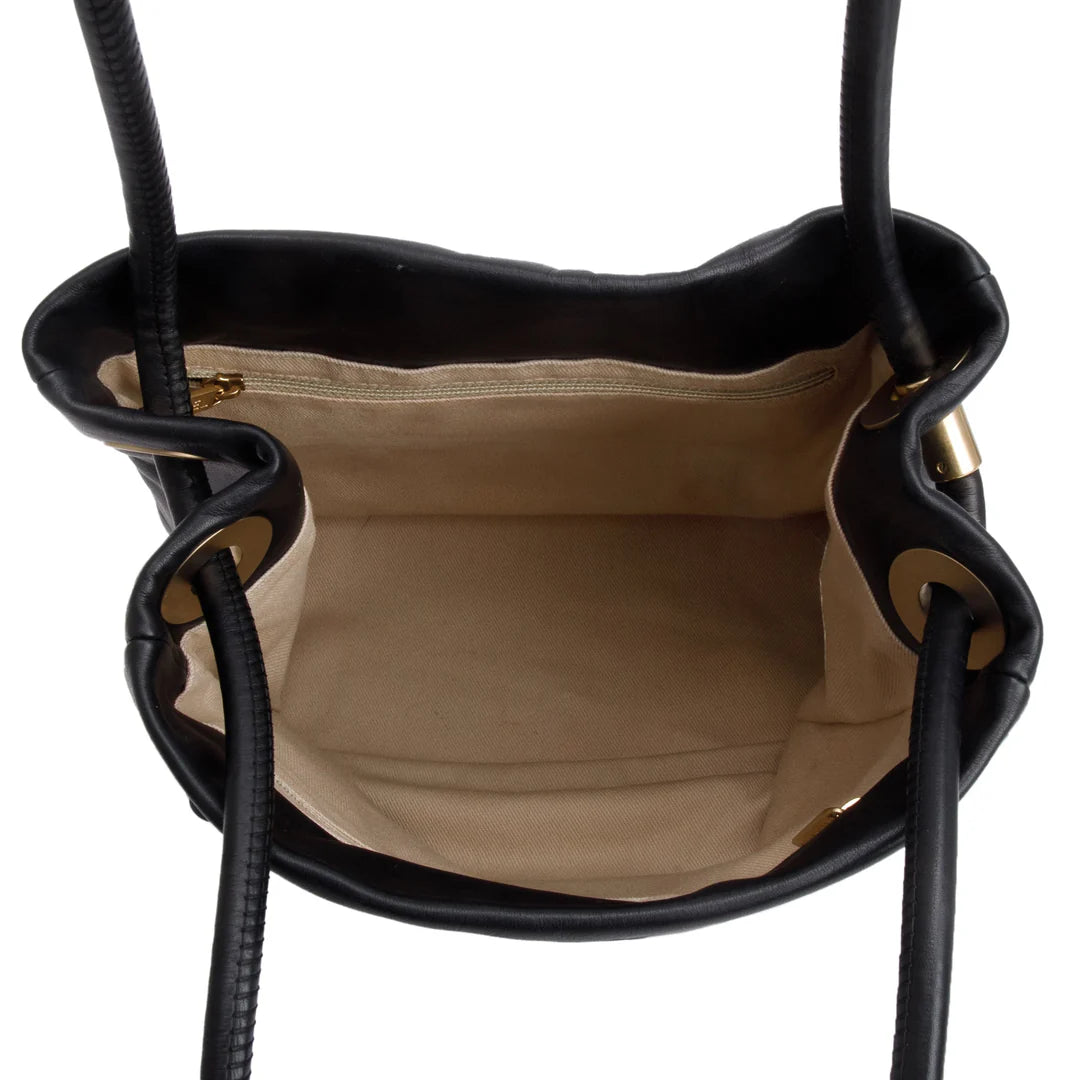 Black Lambskin Leather Camellia Logo Tote Bag