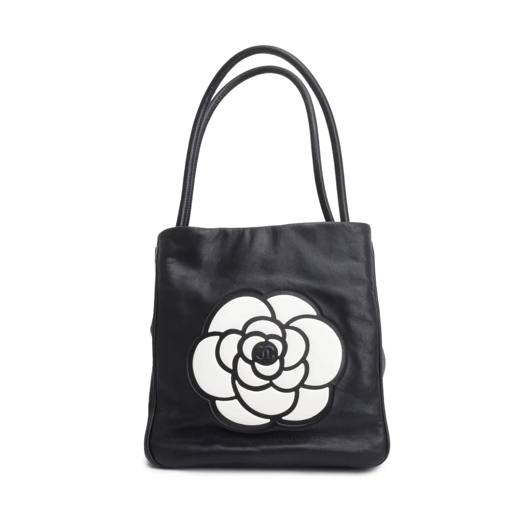 Black Lambskin Leather Camellia Logo Tote Bag