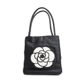 Black Lambskin Leather Camellia Logo Tote Bag