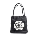 Black Lambskin Leather Camellia Logo Tote Bag