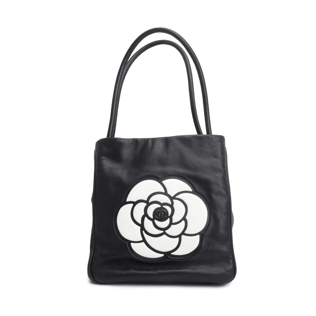 Black Lambskin Leather Camellia Logo Tote Bag