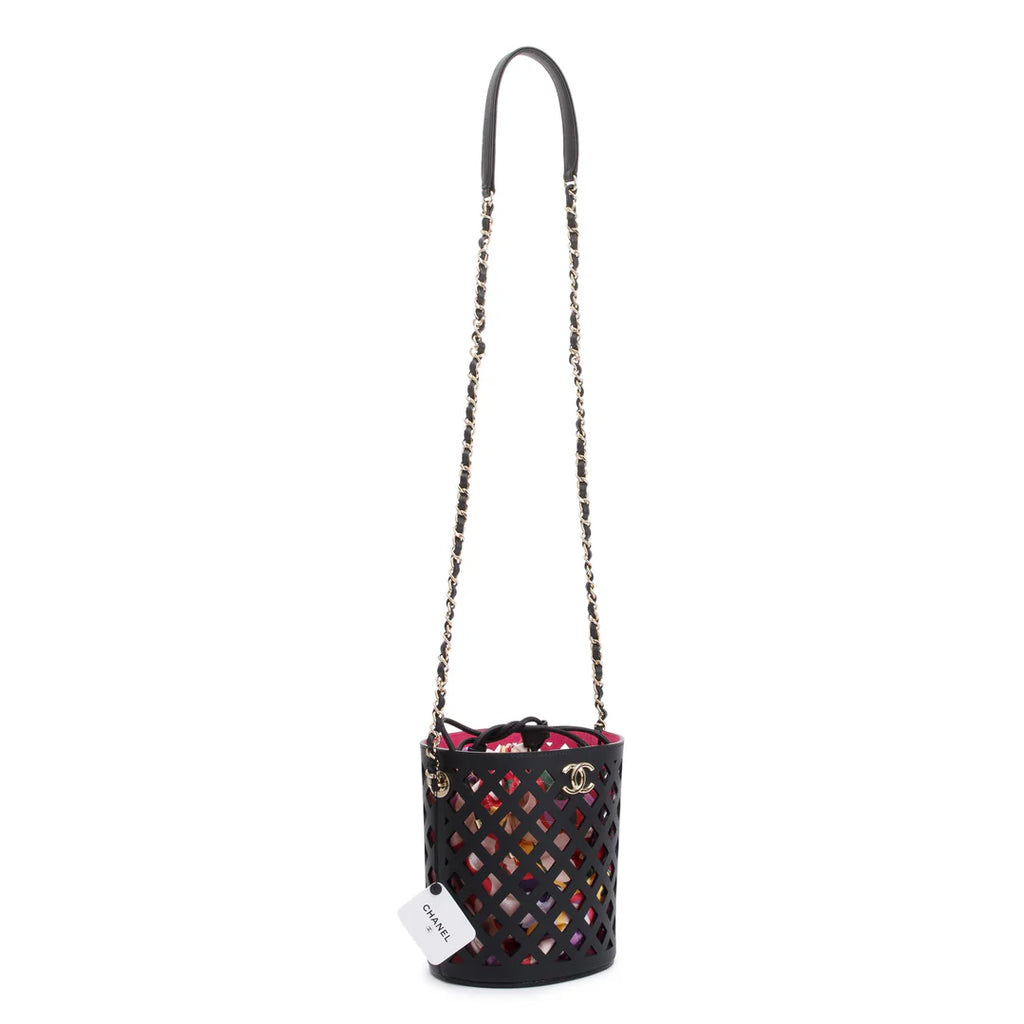 Black Perforated Calfskin See Through Bucket Bag w/ Pouch