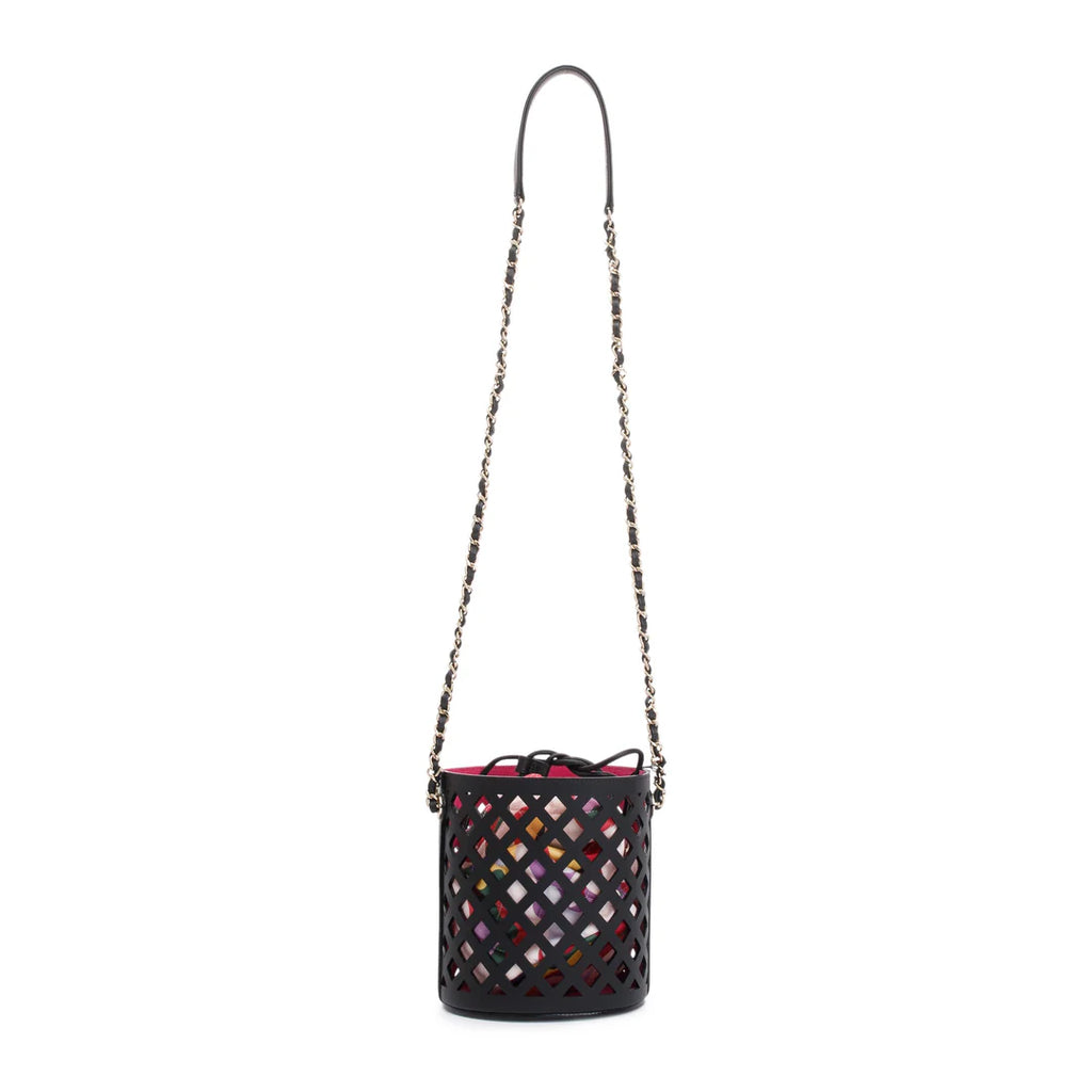 Black Perforated Calfskin See Through Bucket Bag w/ Pouch