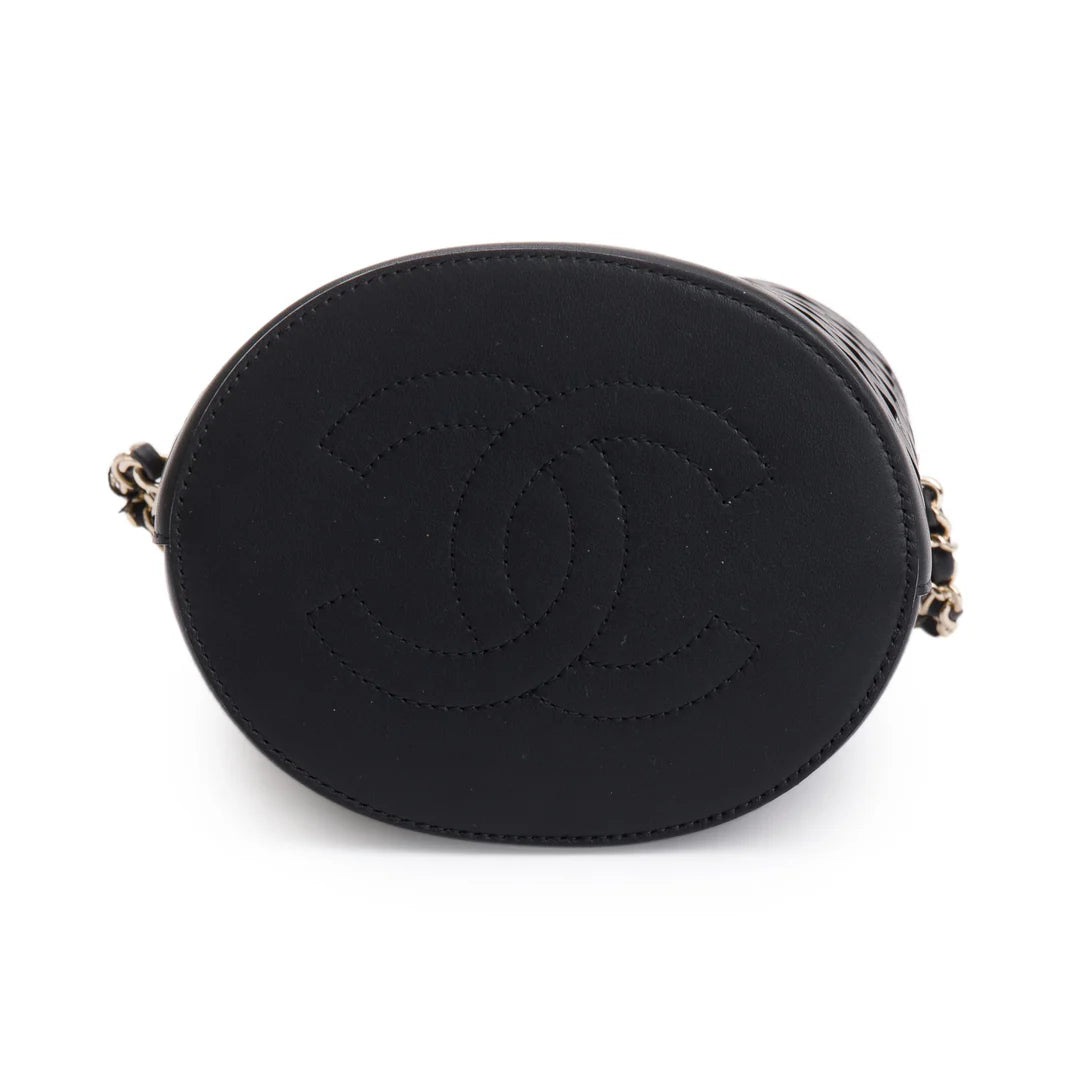 Black Perforated Calfskin See Through Bucket Bag w/ Pouch