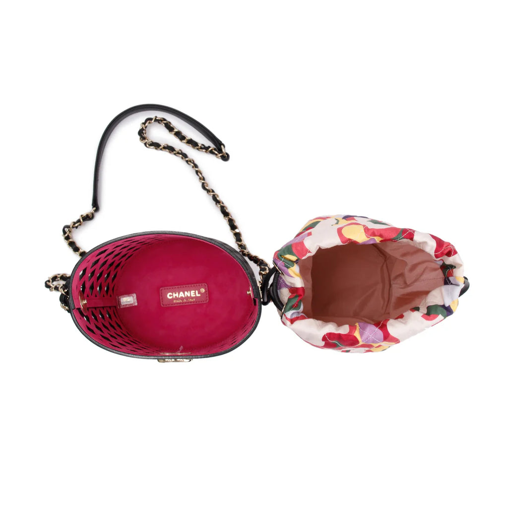 Black Perforated Calfskin See Through Bucket Bag w/ Pouch