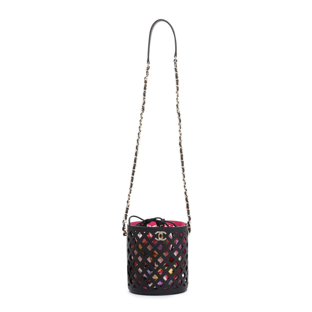 Black Perforated Calfskin See Through Bucket Bag w/ Pouch