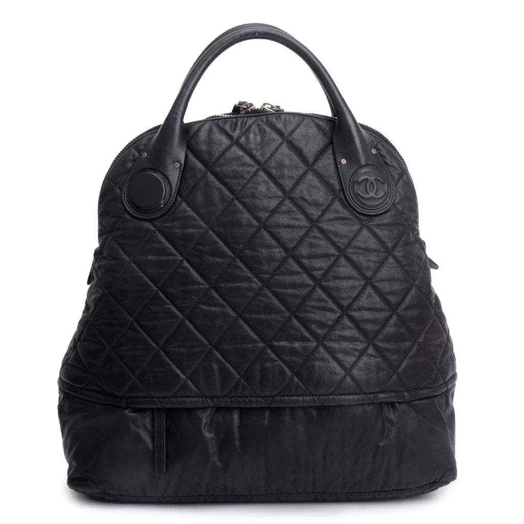 Black Quilted Calfskin Leather Expandable Travel Bag w/ Strap