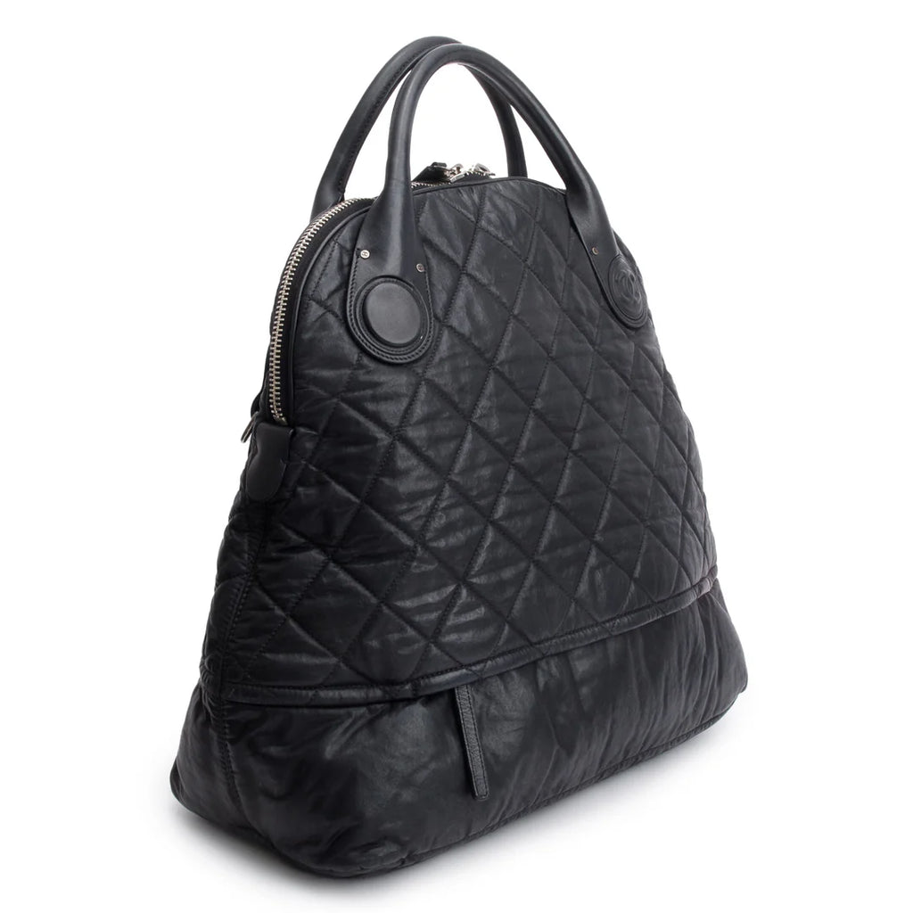 Black Quilted Calfskin Leather Expandable Travel Bag w/ Strap