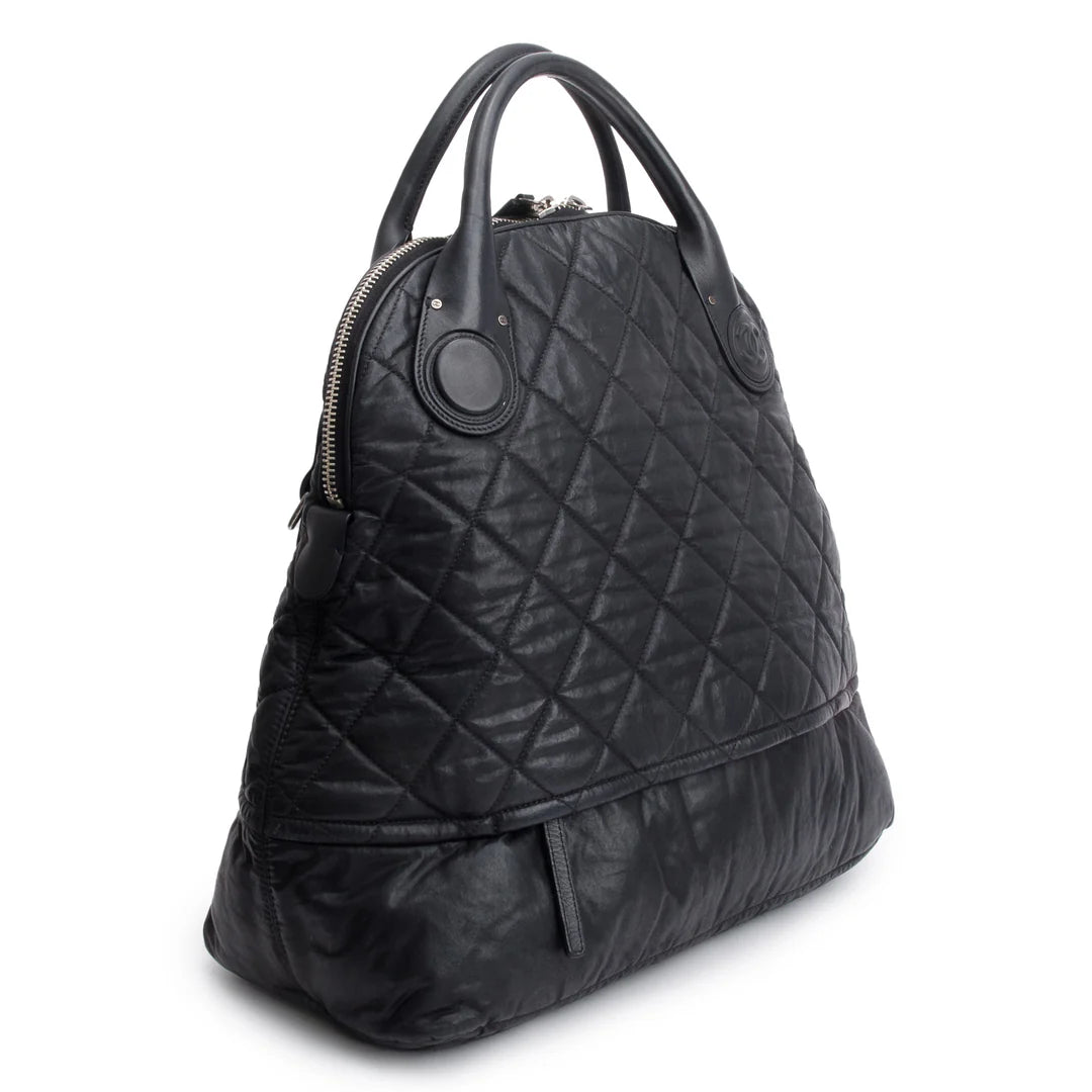 Black Quilted Calfskin Leather Expandable Travel Bag w/ Strap