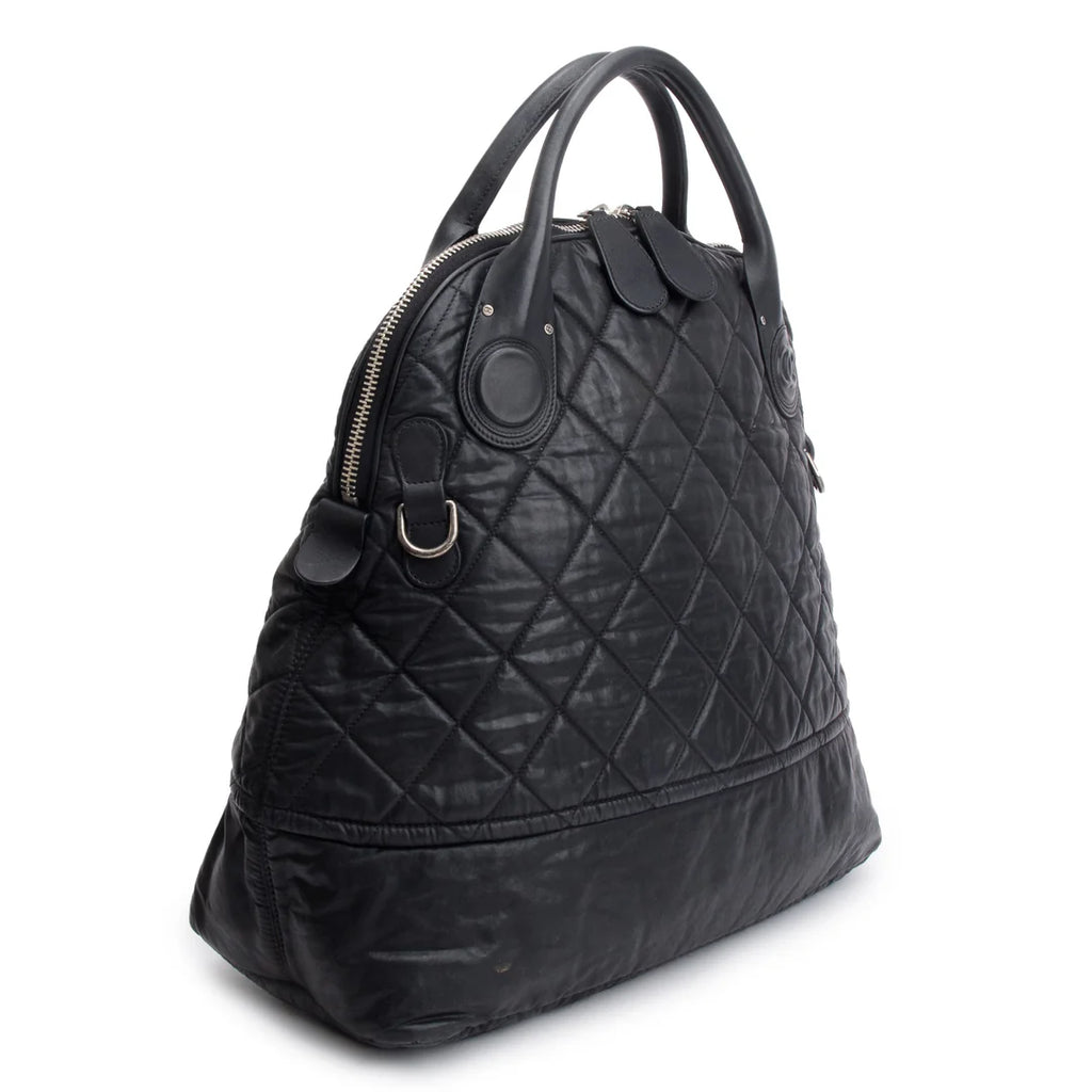 Black Quilted Calfskin Leather Expandable Travel Bag w/ Strap