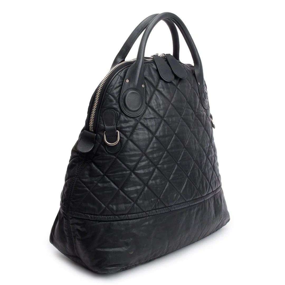 Black Quilted Calfskin Leather Expandable Travel Bag w/ Strap