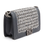 Grey Calfskin Leather Braided Tweed Old Medium Boy Bag w/ Authenticity Card