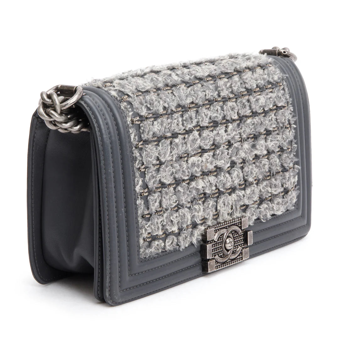 Grey Calfskin Leather Braided Tweed Old Medium Boy Bag w/ Authenticity Card