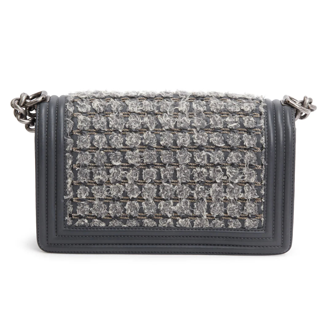 Grey Calfskin Leather Braided Tweed Old Medium Boy Bag w/ Authenticity Card