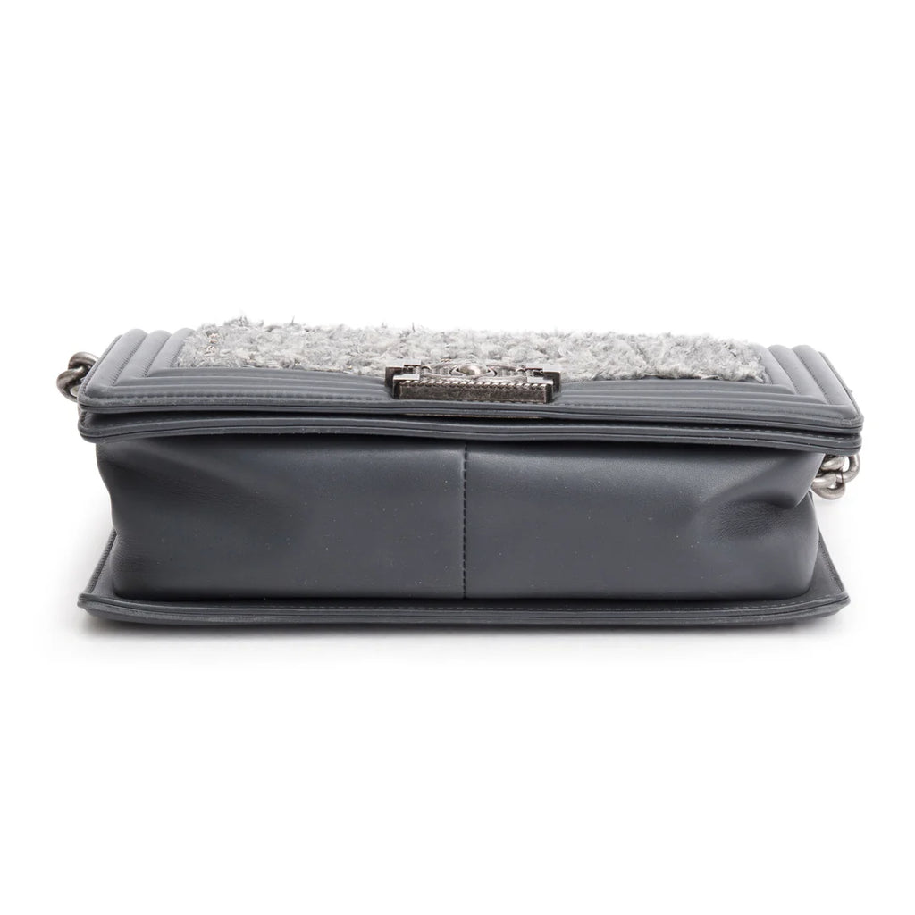 Grey Calfskin Leather Braided Tweed Old Medium Boy Bag w/ Authenticity Card