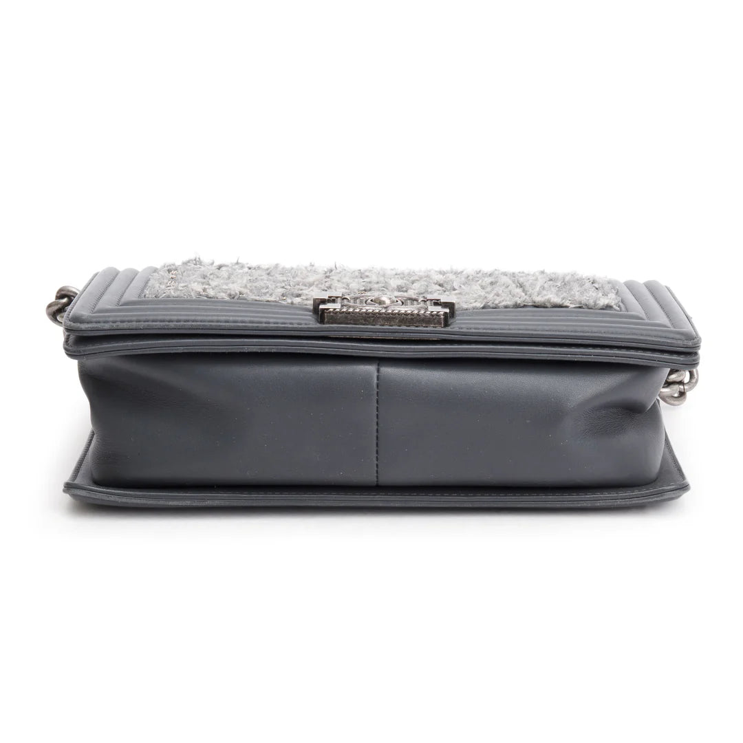 Grey Calfskin Leather Braided Tweed Old Medium Boy Bag w/ Authenticity Card