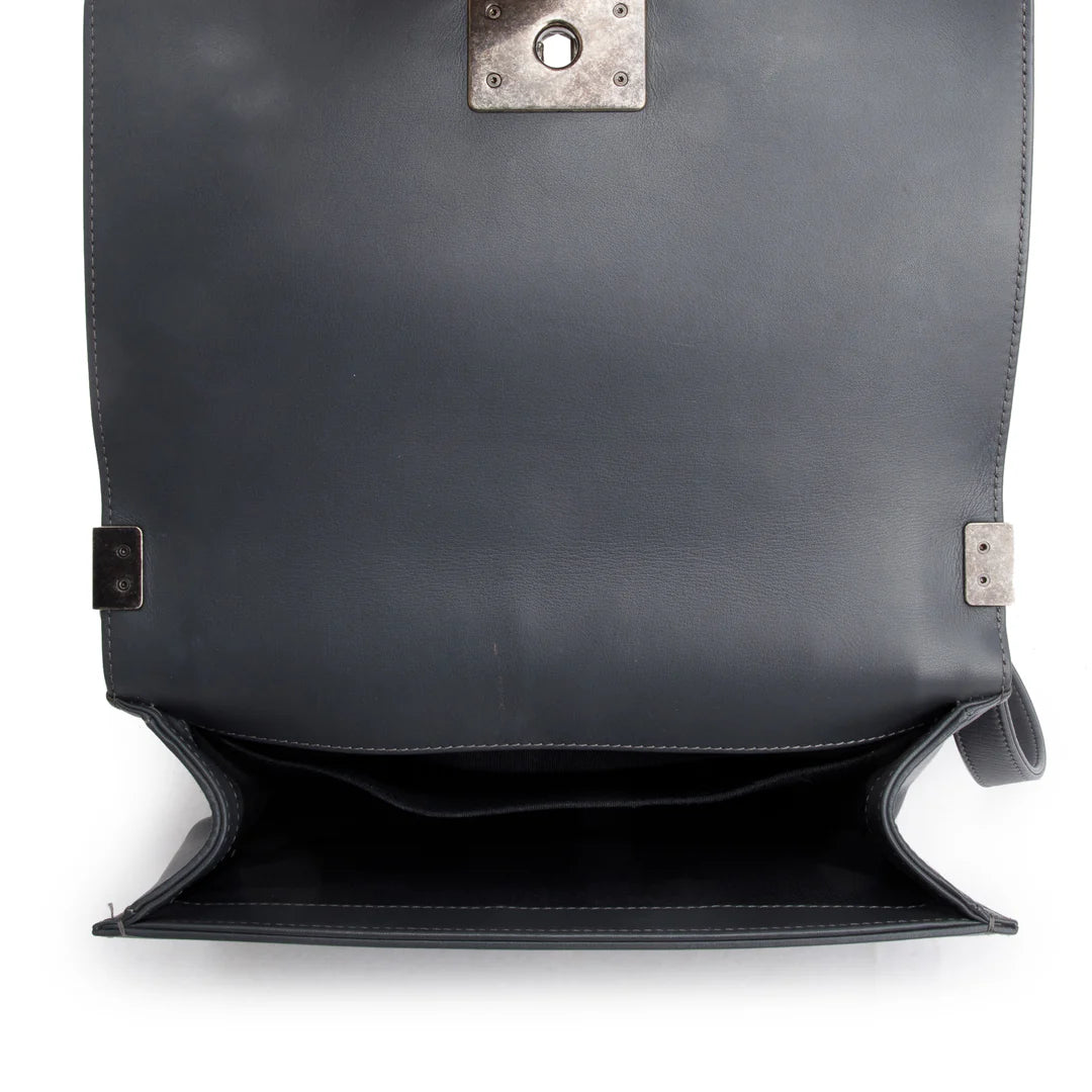 Grey Calfskin Leather Braided Tweed Old Medium Boy Bag w/ Authenticity Card