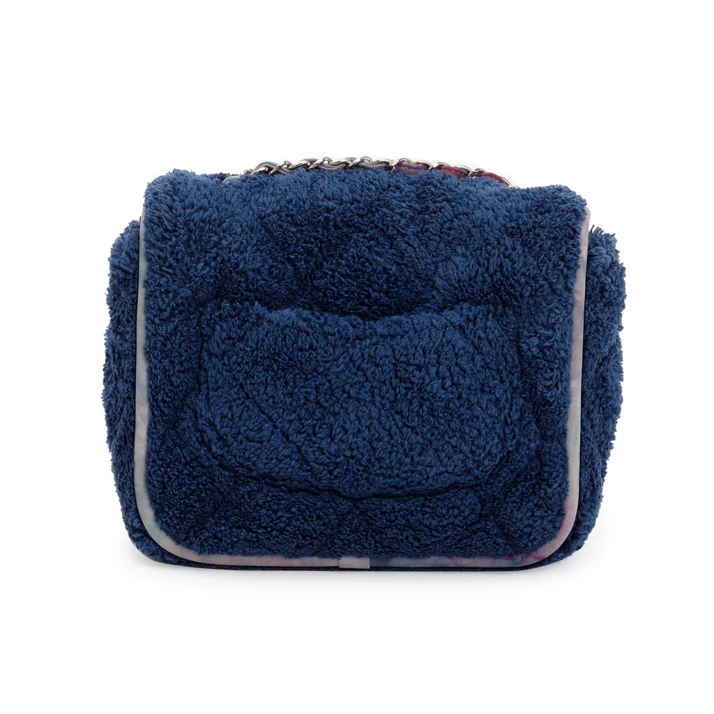 Navy Quilted Terry Cloth Small Square Flap Bag w/ Authenticity Card