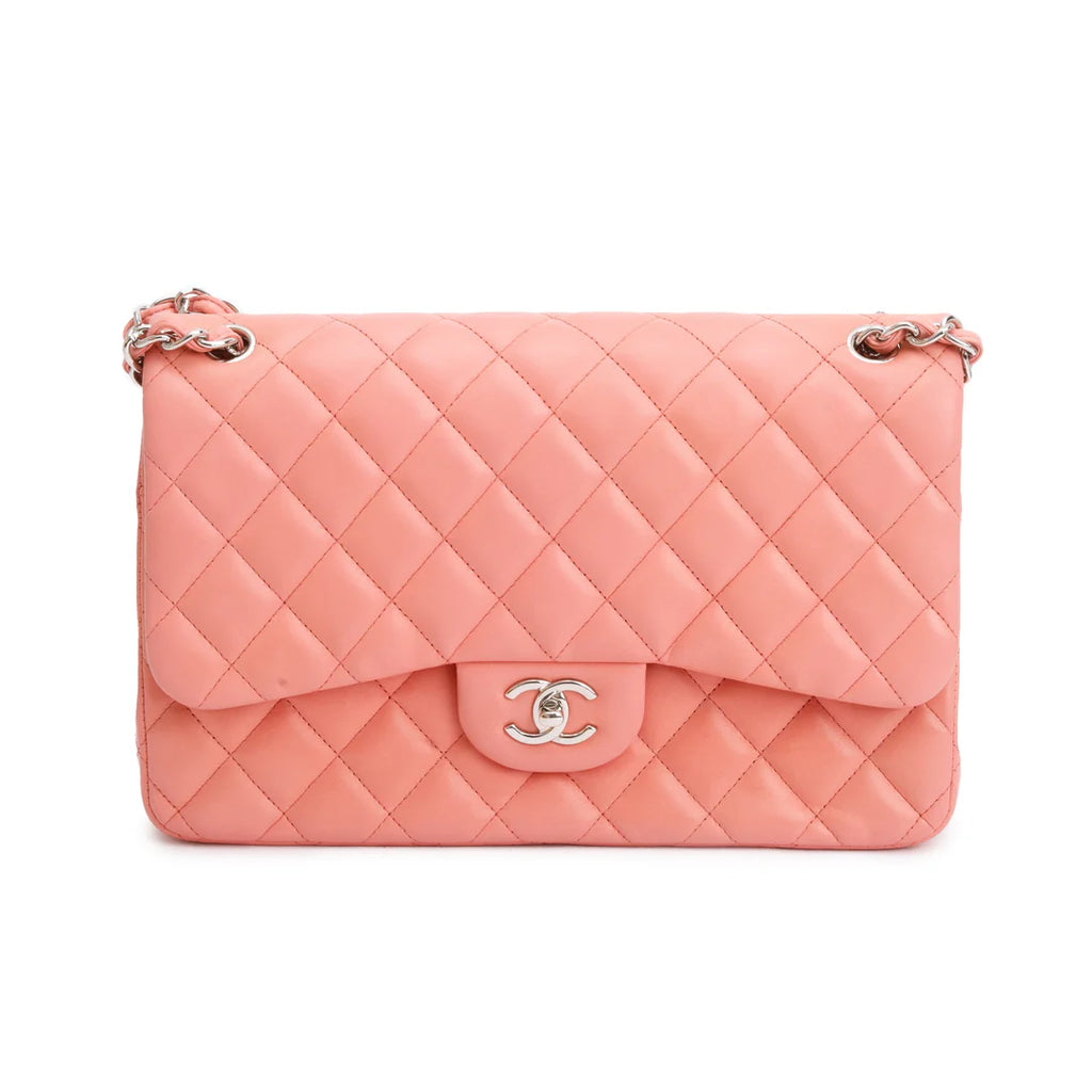 Pink Quilted Lambskin Leather Classic Jumbo Double Flap Bag w/ Authenticity Card
