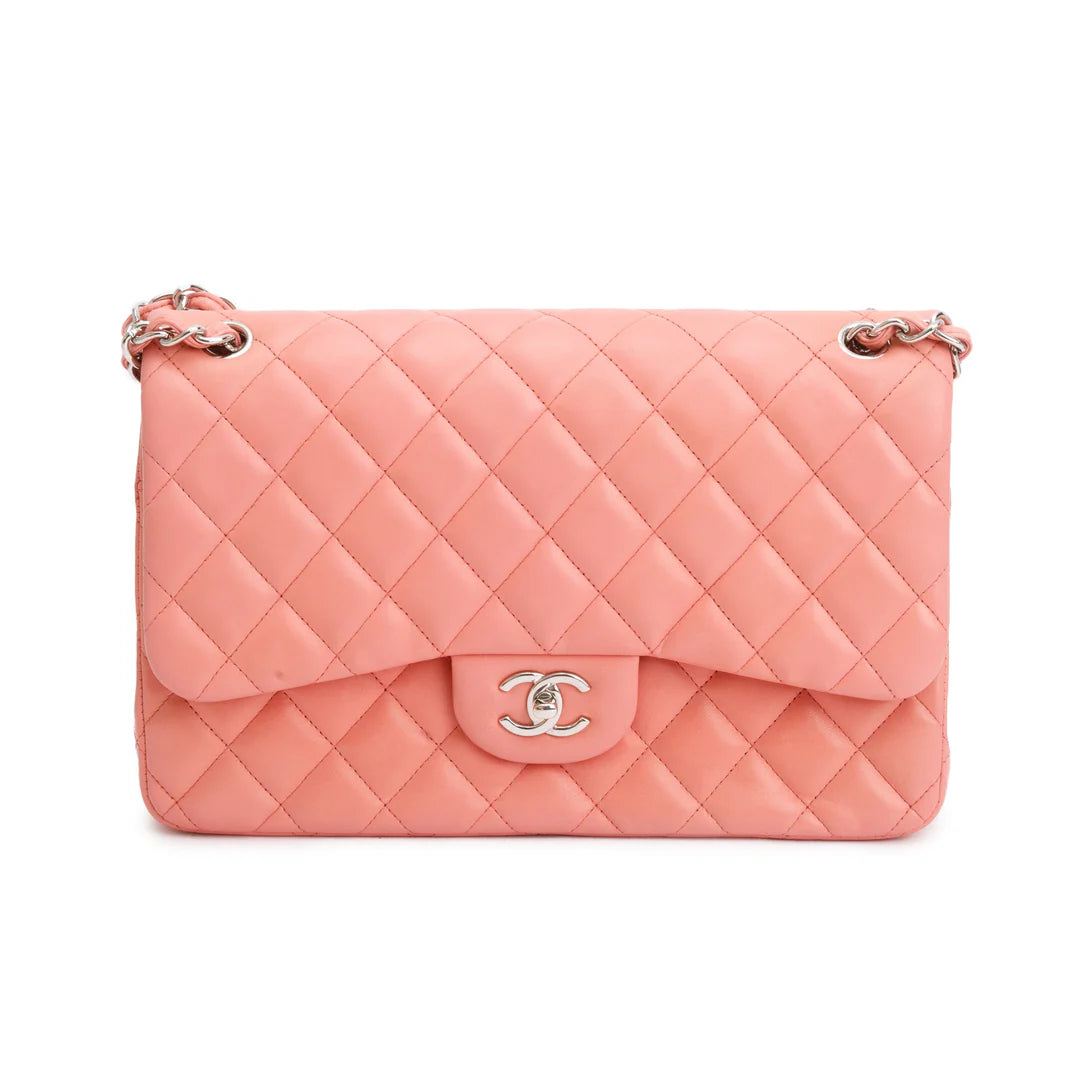 Pink Quilted Lambskin Leather Classic Jumbo Double Flap Bag w/ Authenticity Card