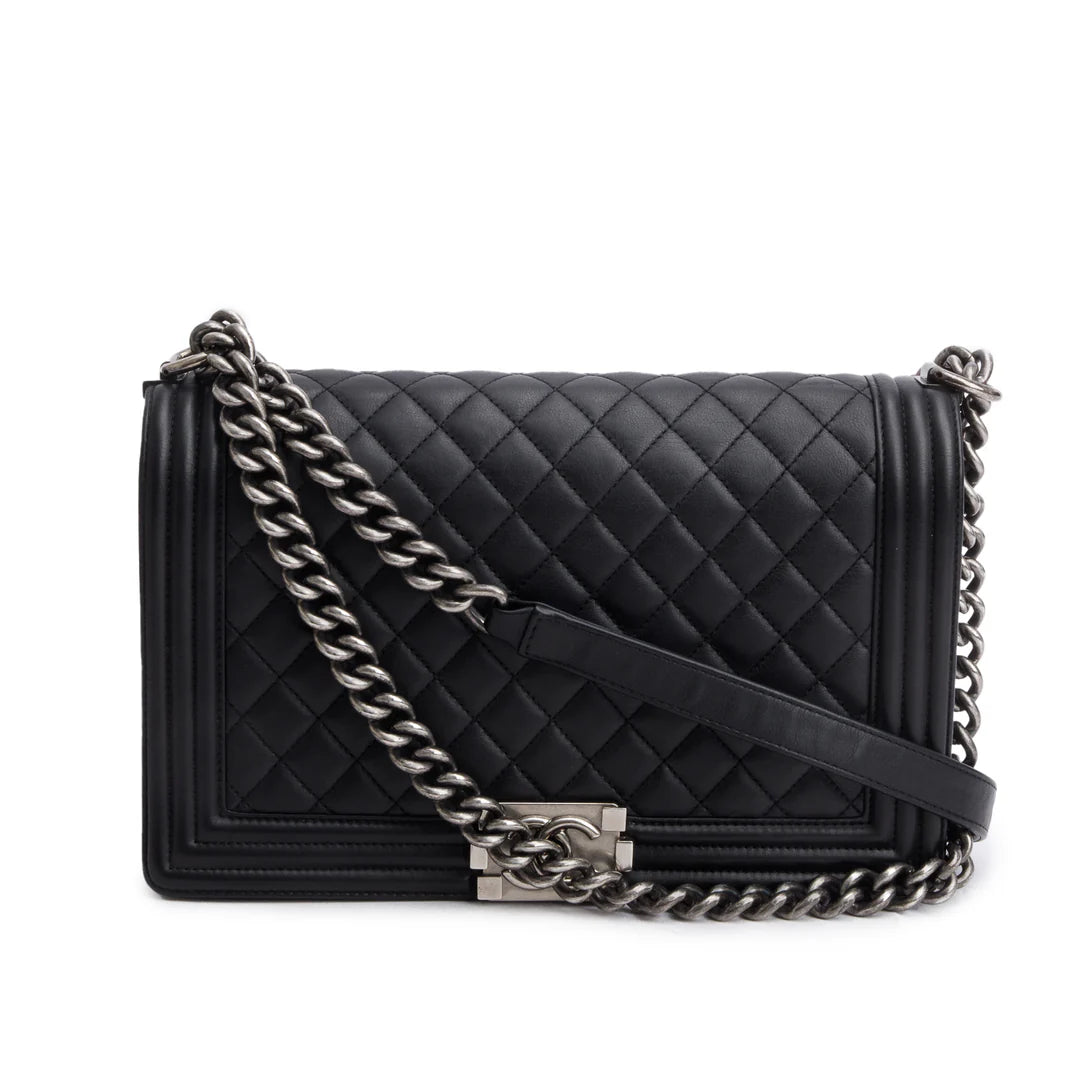 Black Quilted Lambskin Leather Large Boy Bag