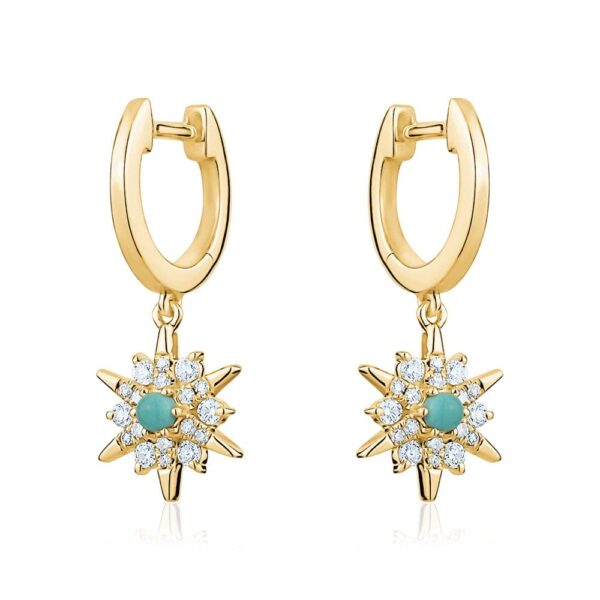 14K Gold Sunburst Turquoise Huggie Earrings