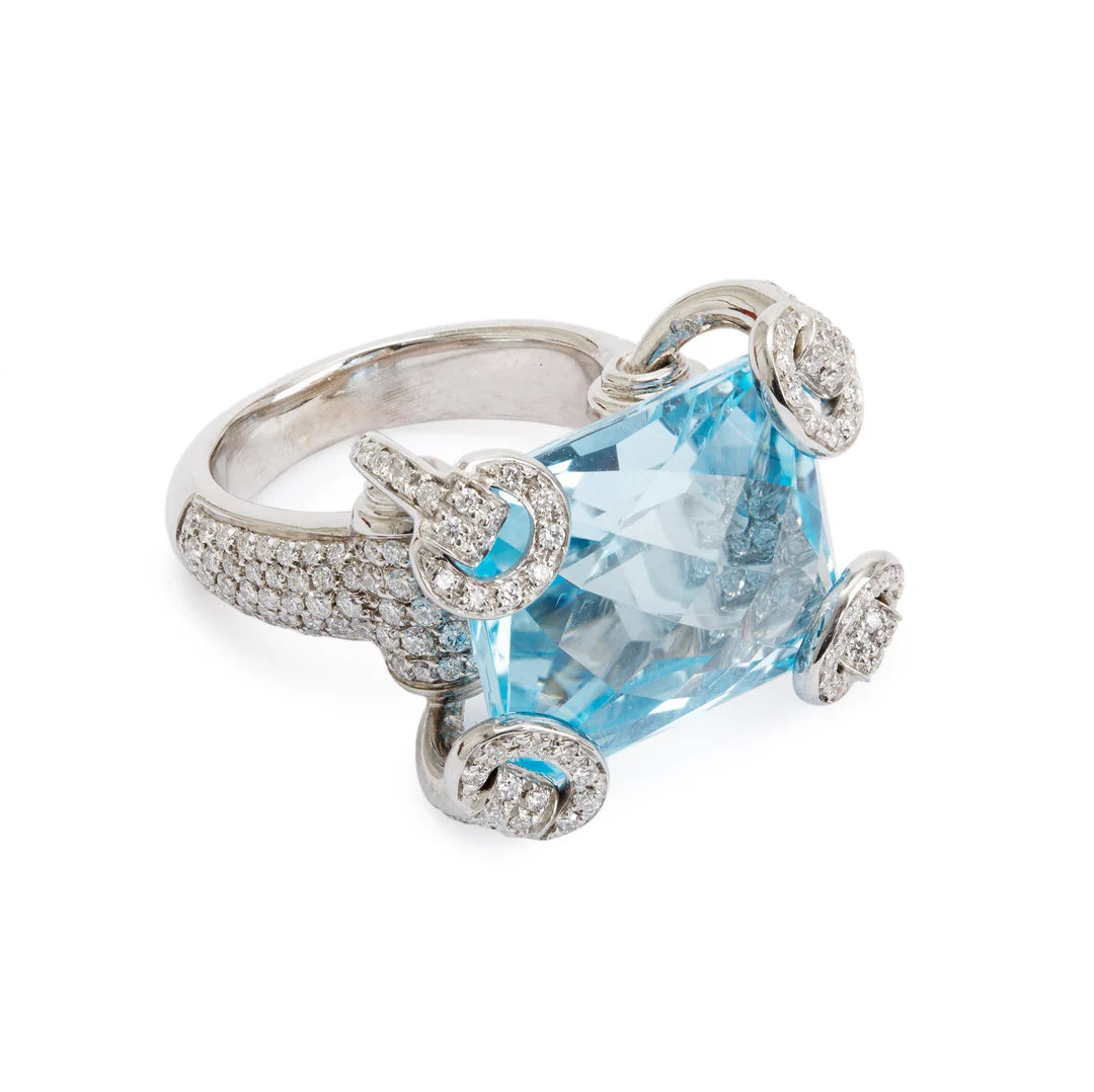 18k White Gold Blue Topaz &amp; Diamond Horsebit Cocktail Ring, Size 4.75