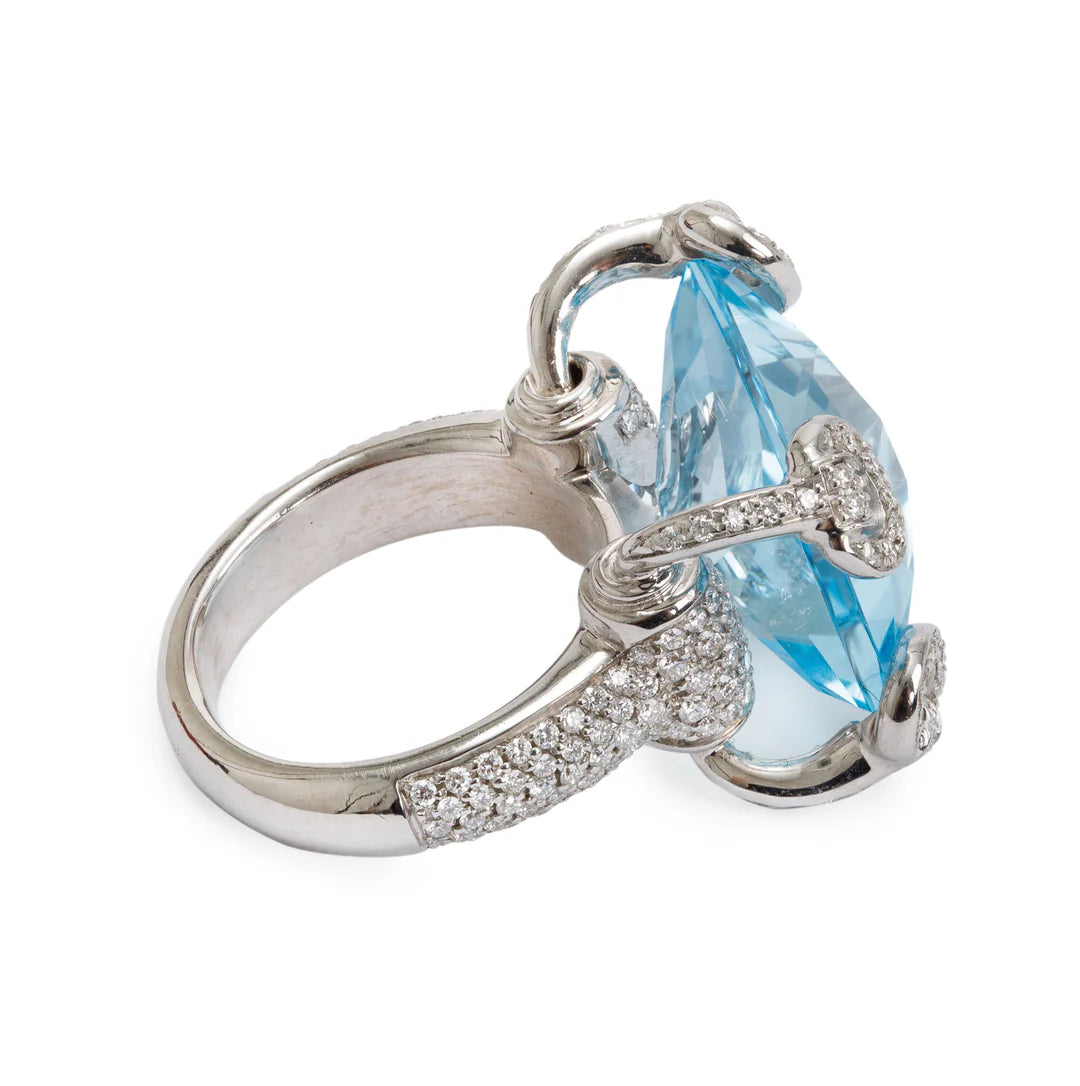 18k White Gold Blue Topaz &amp; Diamond Horsebit Cocktail Ring, Size 4.75