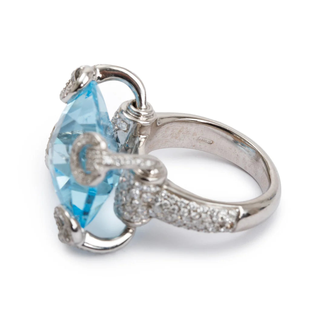 18k White Gold Blue Topaz &amp; Diamond Horsebit Cocktail Ring, Size 4.75