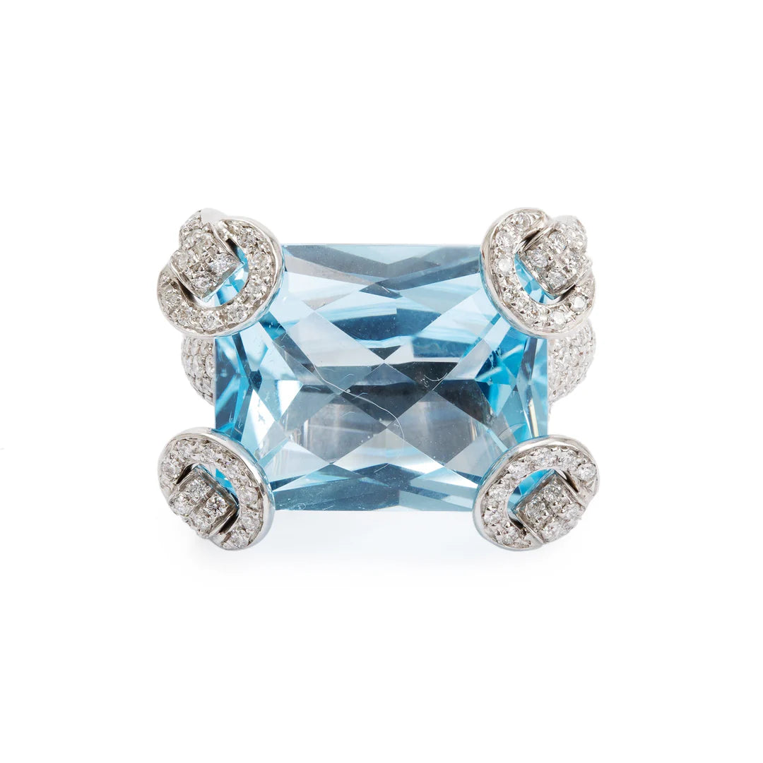 18k White Gold Blue Topaz &amp; Diamond Horsebit Cocktail Ring, Size 4.75