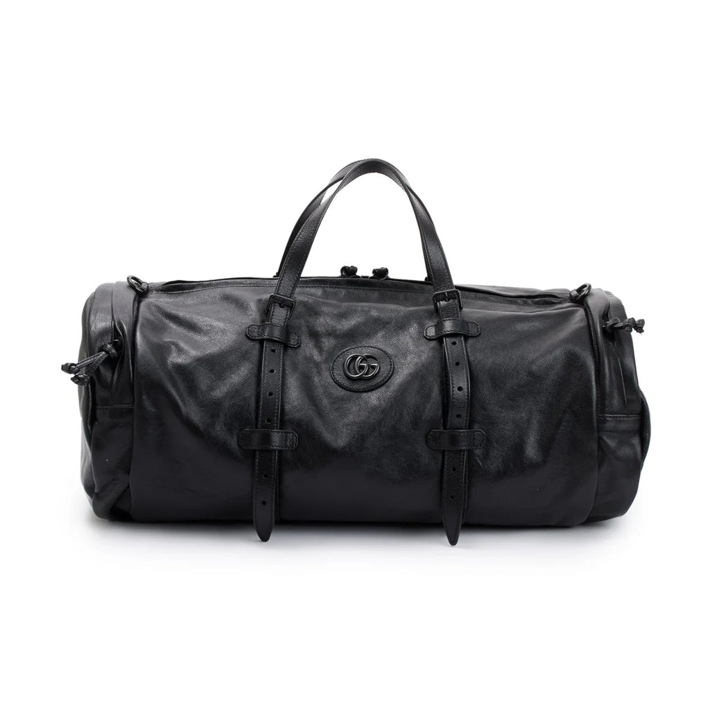 Black Leather Large Duffle Bag with Tonal Double G w/ Strap
